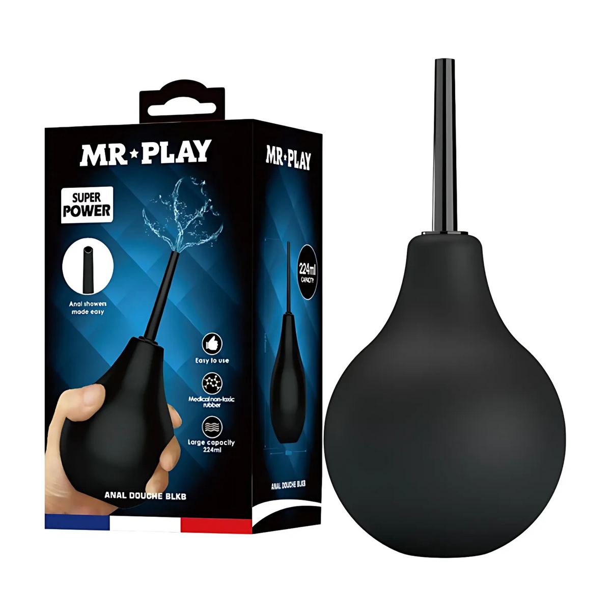 Mr. Play Anal Douche Black 7.5 fl.oz next to retail box showing 224 ml capacity and medical-grade non-toxic rubber bulb Hauptbild