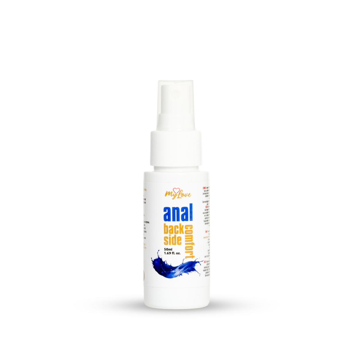 Front view of the 50 ml travel-size MyLove Anal Back Side Comfort spray bottle standing centered against a plain white backdrop.