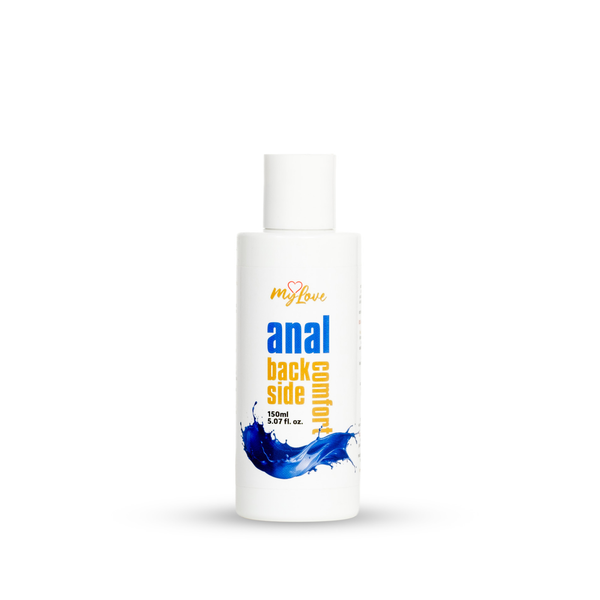 Front view of the 150 ml bottle of MyLove Anal Back Side Comfort gel standing centered against a plain white backdrop.