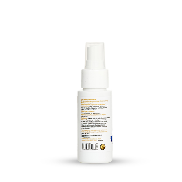 Rear view of the 50 ml MyLove Anal Back Side Comfort bottle featuring a clear spray pump top. The white label displays detailed ingredients, usage warnings, and a barcode with an expiration seal at the bottom.