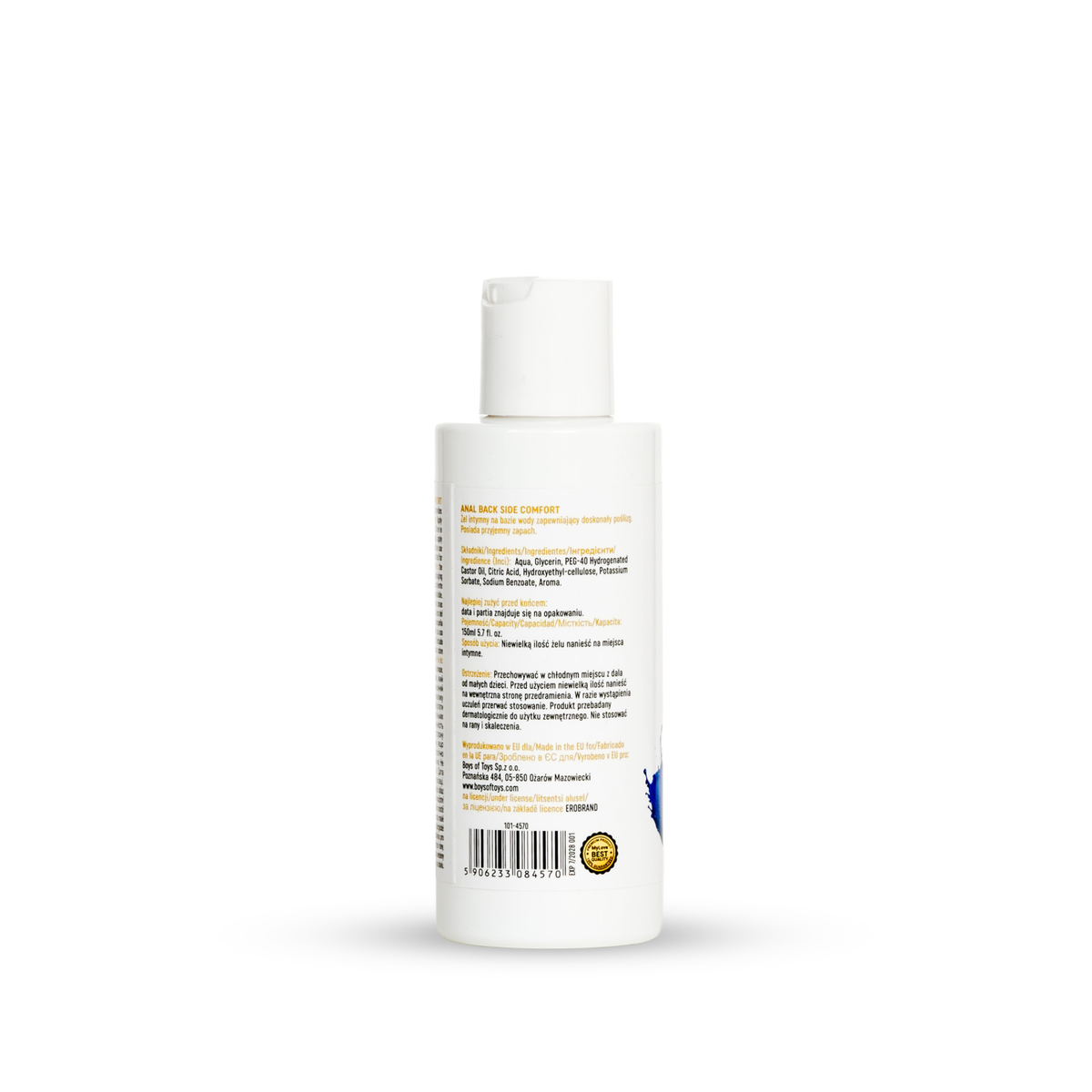Rear view of the 150 ml MyLove Anal Back Side Comfort bottle showing detailed product information, ingredients, manufacturer details, and a barcode with a quality seal at the bottom.
