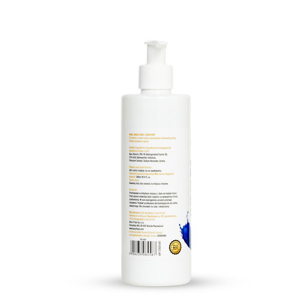 Rear view of the 300 ml MyLove Anal Back Side Comfort pump bottle showing product details, ingredients, manufacturer information, and a barcode with a quality seal at the bottom.