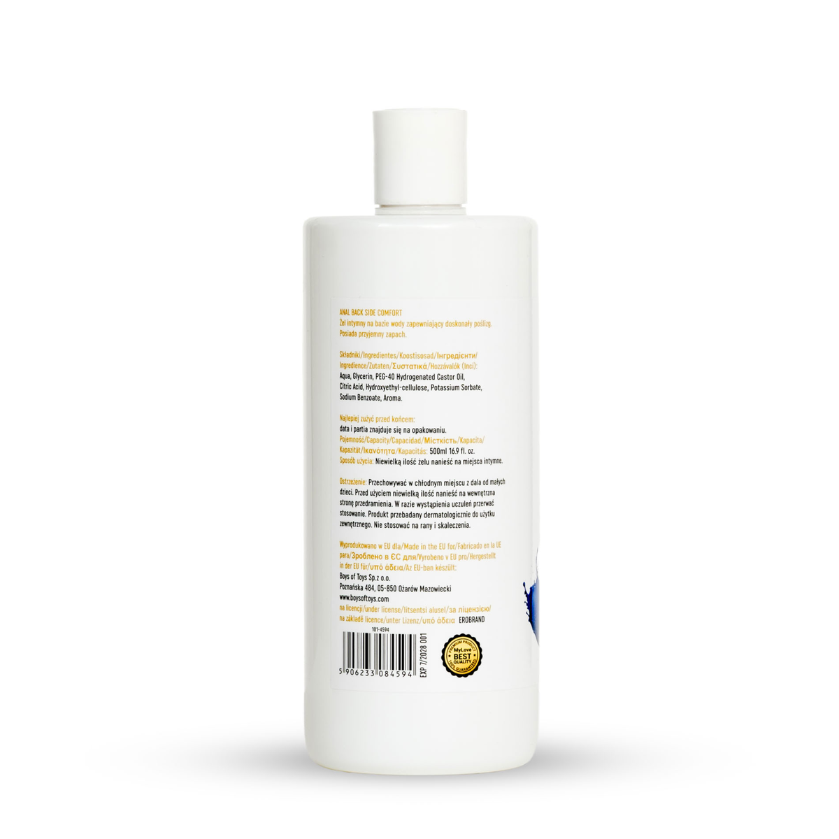 Rear view of the 500 ml MyLove Anal Back Side Comfort bottle showing detailed product specifications, ingredients, manufacturer information, and a barcode with an expiration seal at the bottom.