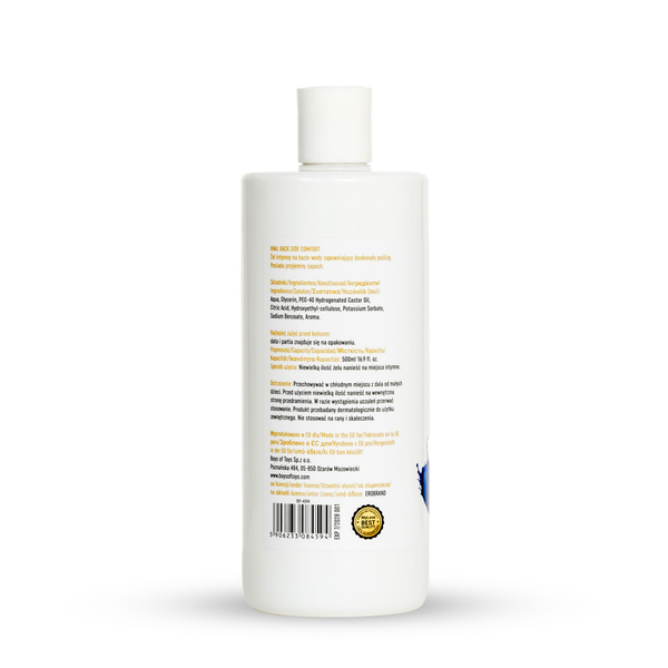 Rear view of the 500 ml MyLove Anal Back Side Comfort bottle showing detailed product specifications, ingredients, manufacturer information, and a barcode with an expiration seal at the bottom.