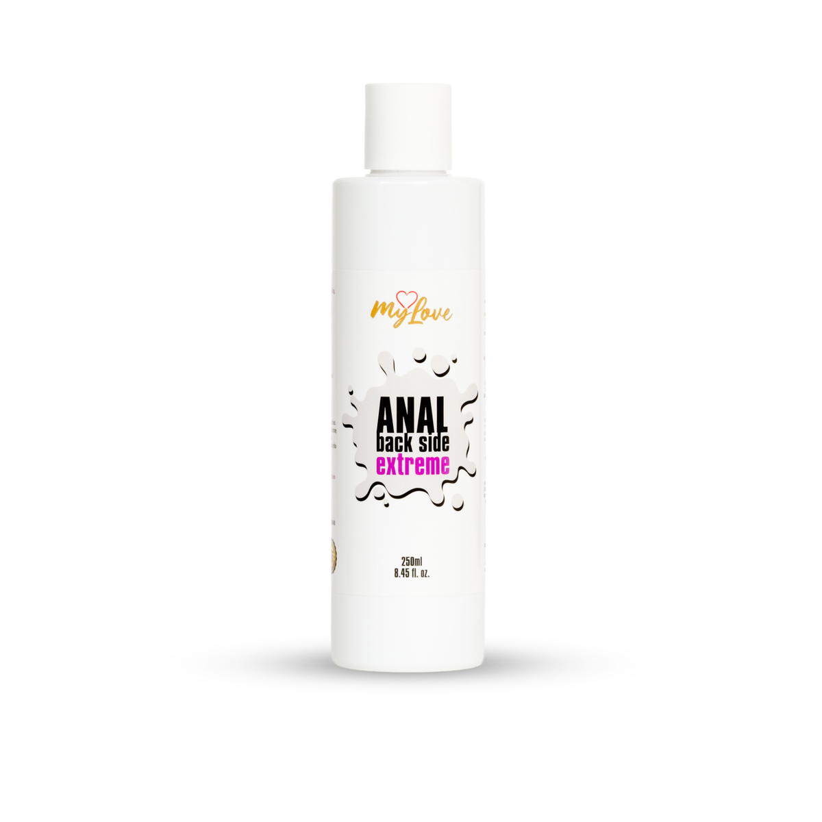 Front view of the 250 ml bottle of MyLove Anal Back Side Extreme water-based gel standing centered against a plain white backdrop.