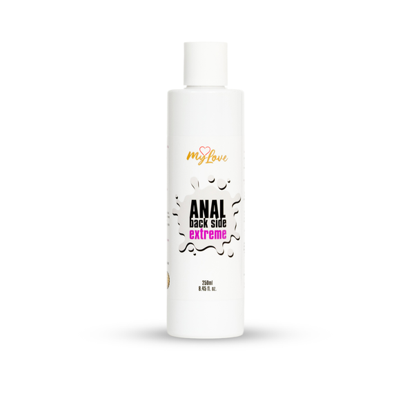 Front view of the 250 ml bottle of MyLove Anal Back Side Extreme water-based gel standing centered against a plain white backdrop.