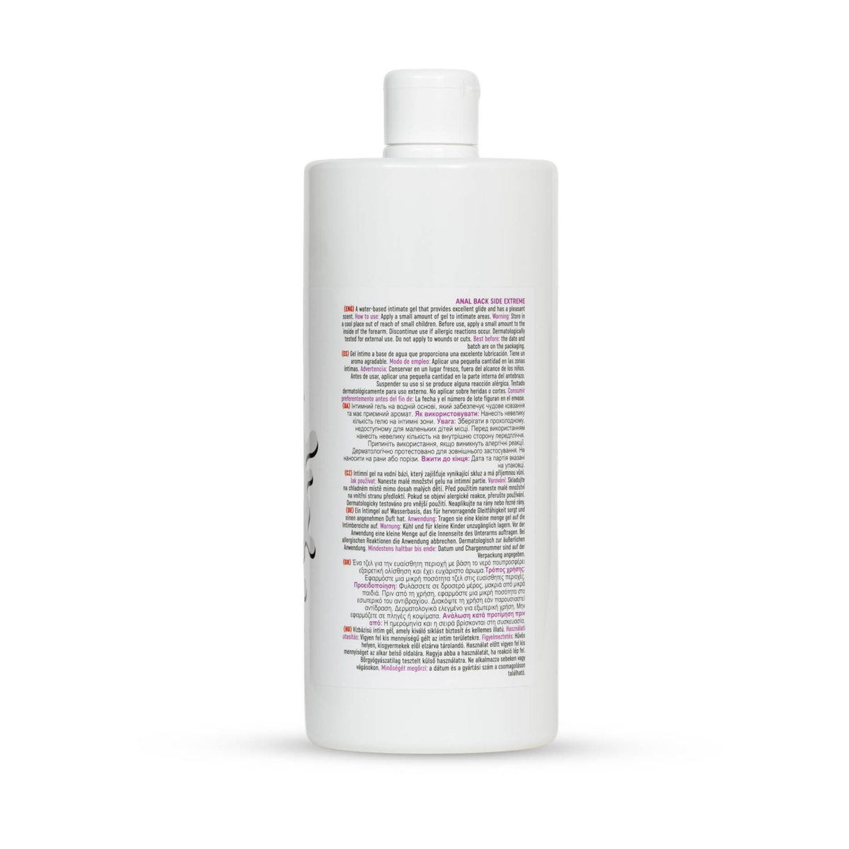 Side view of the 1000 ml MyLove Anal Back Side Extreme bottle featuring detailed usage directions and safety guidelines written in multiple languages.