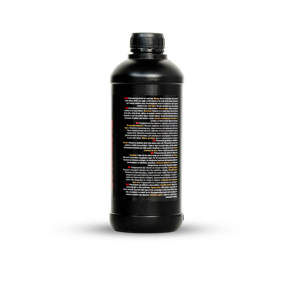 Rear view of the 1000 ml MyLove Fisting Pro Gel bottle against a clean white backdrop. The label displays multilingual usage instructions and safety warnings in English, Spanish, Ukrainian, Czech, German, Greek, and Hungarian.