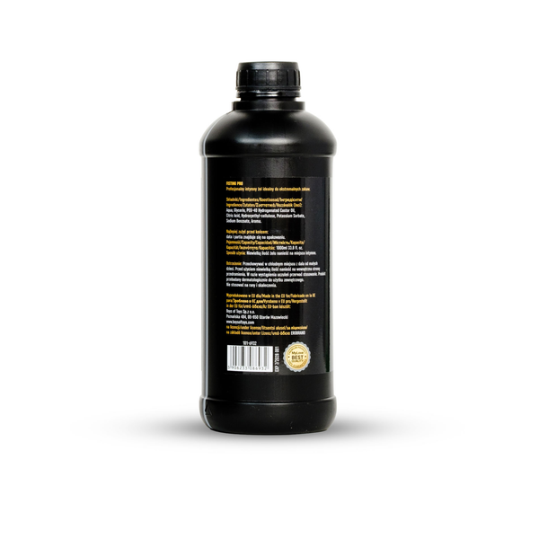 Rear view of a 1000 ml black bottle of MyLove Fisting Pro Gel standing against a white background. The black label displays detailed product information in multiple languages, including ingredients, warnings, manufacturer details, and a barcode with an expiration seal at the bottom.