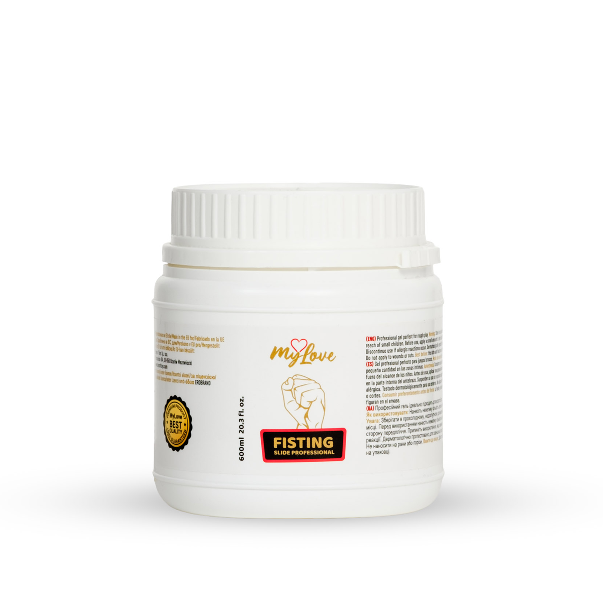 Front view of the 600 ml (20.3 fl oz) MyLove Fisting Slide Professional gel tub standing centered against a plain white backdrop. The label features a gold fist illustration above a red banner reading "FISTING SLIDE PROFESSIONAL." Hauptbild