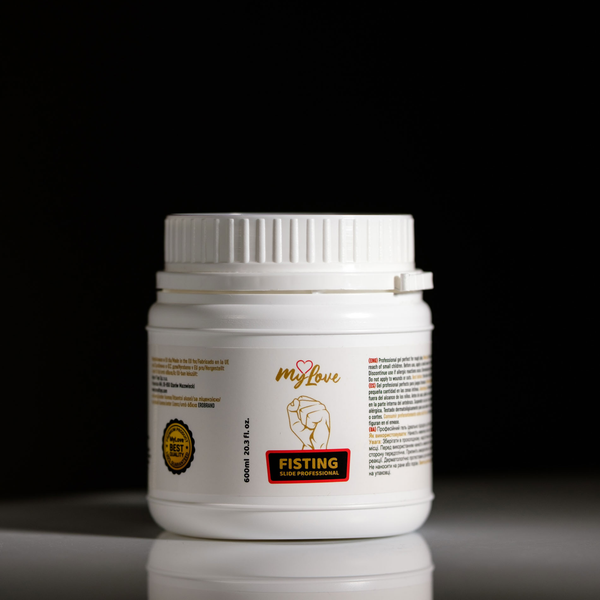 Front view of the 600 ml MyLove Fisting Slide Professional gel tub standing centered on a white surface against a solid black background.