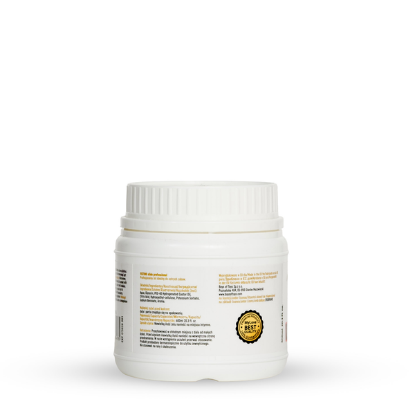 Rear view of the 600 ml MyLove Fisting Slide Professional gel tub displaying product ingredients, manufacturer information, and a barcode with a quality seal at the bottom.