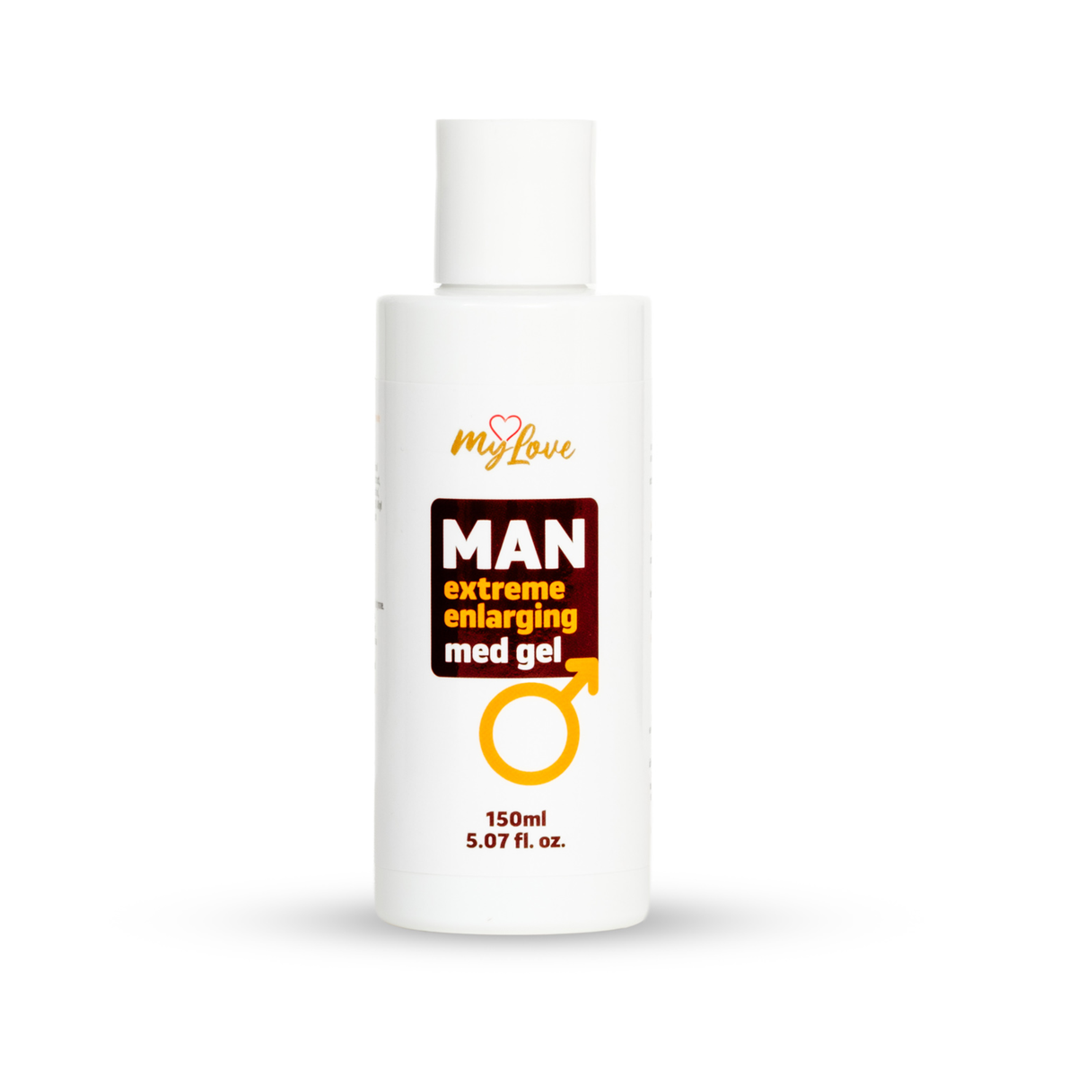 Front view of the 150 ml MyLove Man Extreme Enlarging Med Gel bottle standing centered against a plain white backdrop. The bottle features a dark red box design on the label with an orange male gender symbol. Hauptbild
