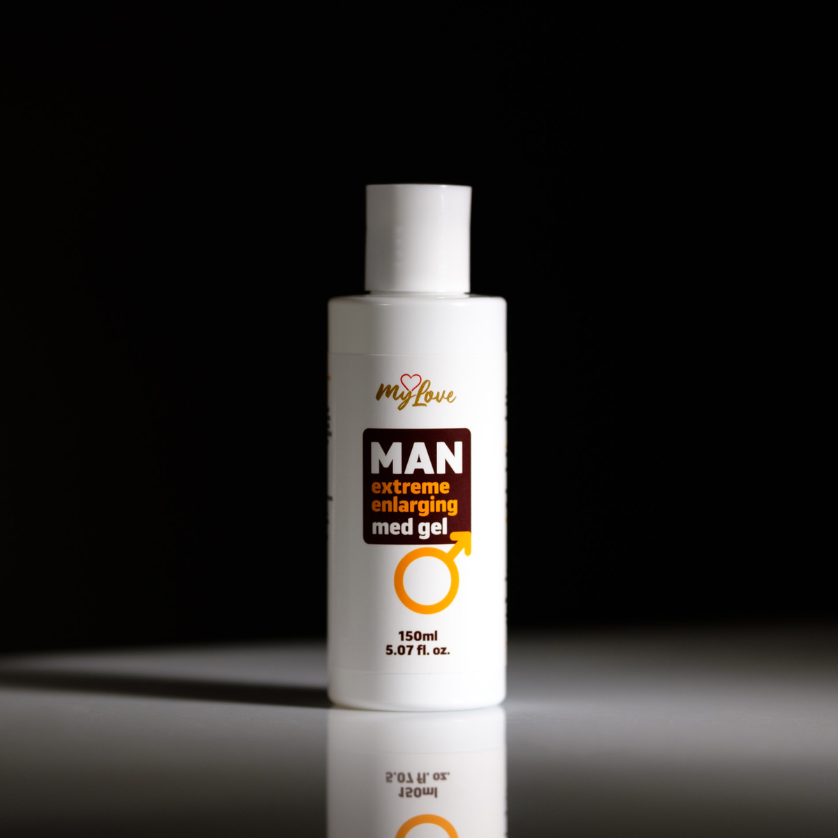 Front view of the 150 ml MyLove Man Extreme Enlarging Med Gel bottle standing centered on a white surface against a solid black background.