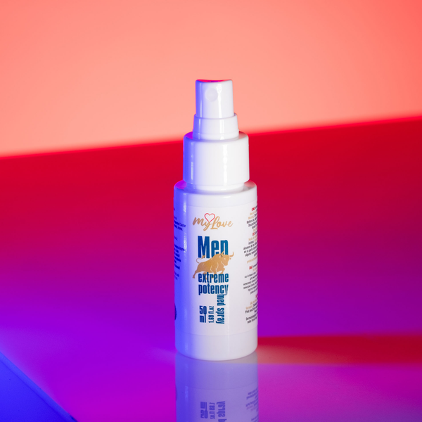 Spray bottle labeled 'Men Extreme Potency' on a colorful background