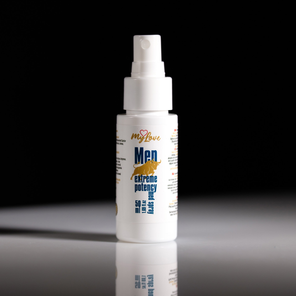 A white spray bottle labeled 'MyLove Men Extreme Potency' with blue and gold text, standing on a reflective black surface against a black background.