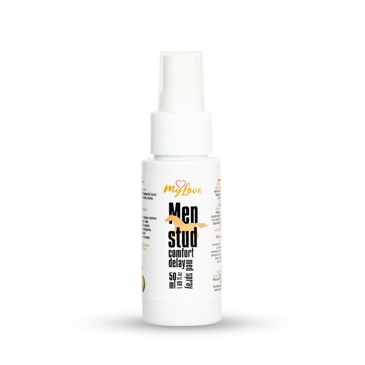 Front view of the 50 ml MyLove Men Stud Comfort Delay Med Spray bottle standing centered against a plain white backdrop. The label features a running horse/stud silhouette graphic underneath bold black typography. Hauptbild