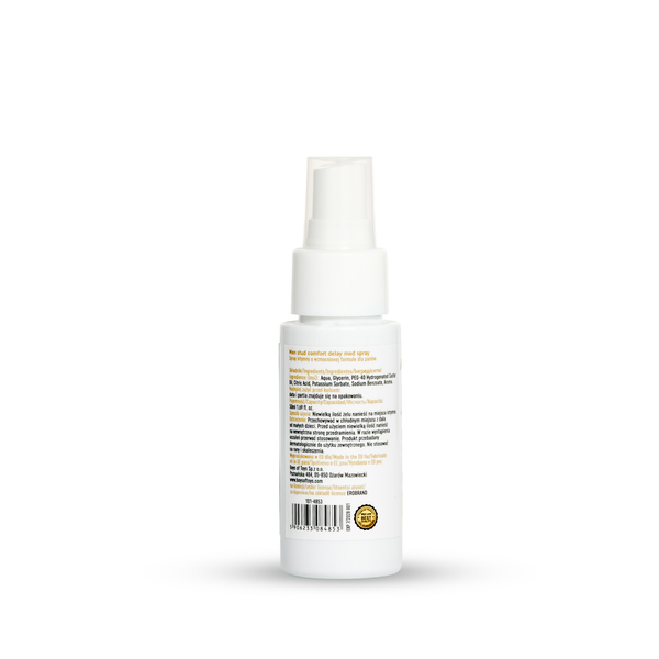 Rear view of the 50 ml MyLove Men Stud Comfort Delay Med Spray bottle displaying product ingredients, capacity specifications, manufacturer details, and a barcode with a quality seal at the bottom.