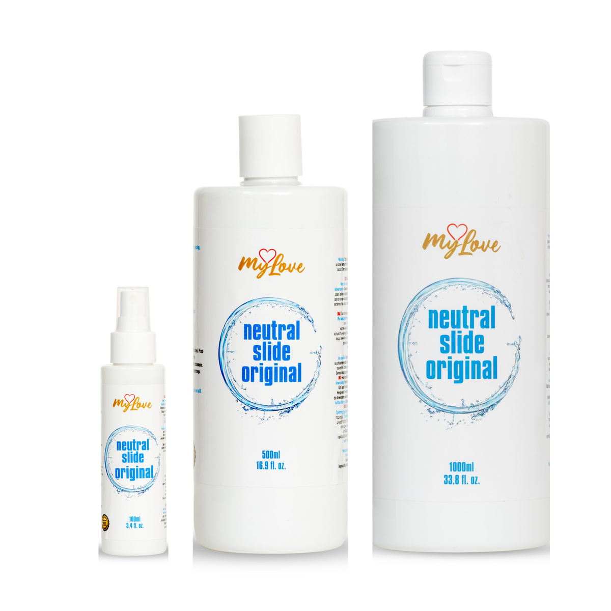 Three white bottles of MyLove Neutral Slide Original lubricant stand side-by-side in increasing size order from left to right: 100 ml spray, 500 ml, and 1000 ml. Each features a circular blue water splash design on the label. Hauptbild