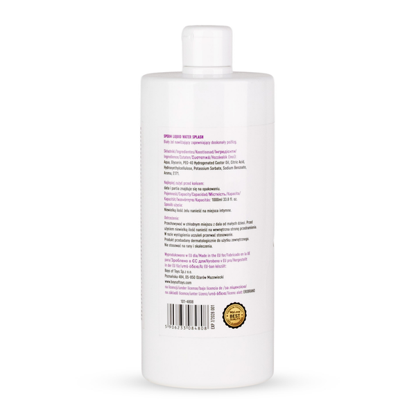 Rear view of the 1000 ml MyLove Sperm Liquid Water Splash bottle displaying detailed product specifications, ingredients, manufacturer details, and a barcode with an expiration seal at the bottom.
