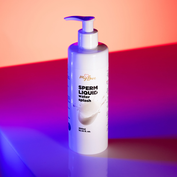 Front view of the 300 ml pump bottle of MyLove Sperm Liquid Water Splash lubricant illuminated under dynamic pink and blue studio lighting.