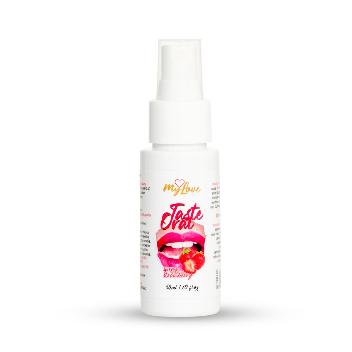 Front view of the 50 ml MyLove Taste Oral Spray in Strawberry flavor standing centered against a white backdrop. The label features a graphic of open red lips with strawberries below. Hauptbild