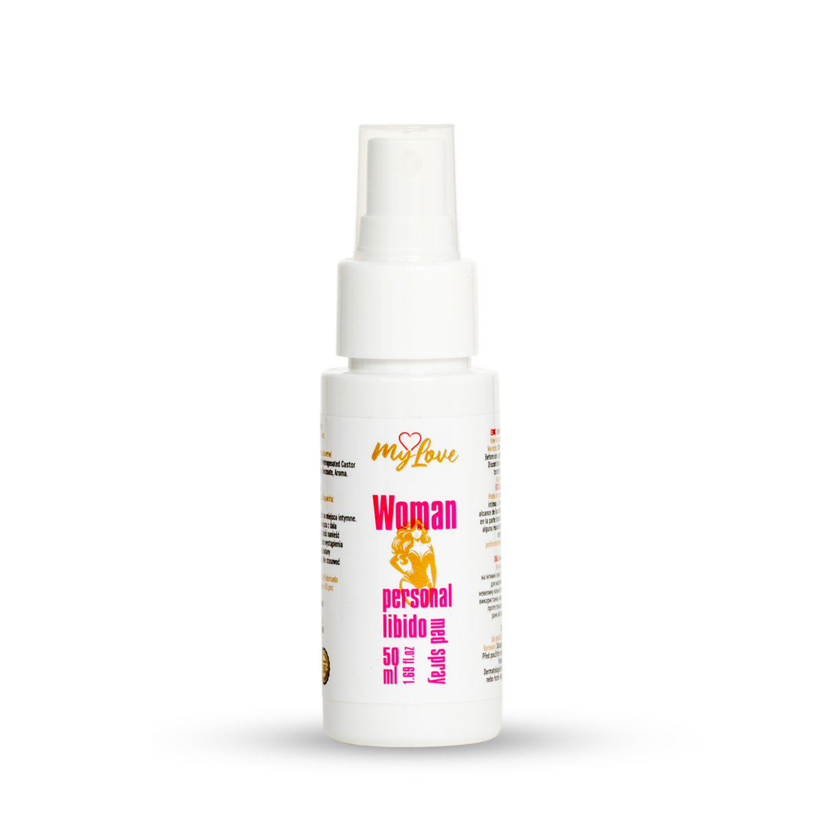 Front view of the 50 ml MyLove Woman Personal Libido Med Spray bottle standing centered against a plain white backdrop. The label features a gold woman graphic in a corset with bold pink typography. Hauptbild