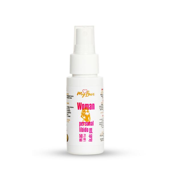 Front view of the 50 ml MyLove Woman Personal Libido Med Spray bottle standing centered against a plain white backdrop. The label features a gold woman graphic in a corset with bold pink typography.