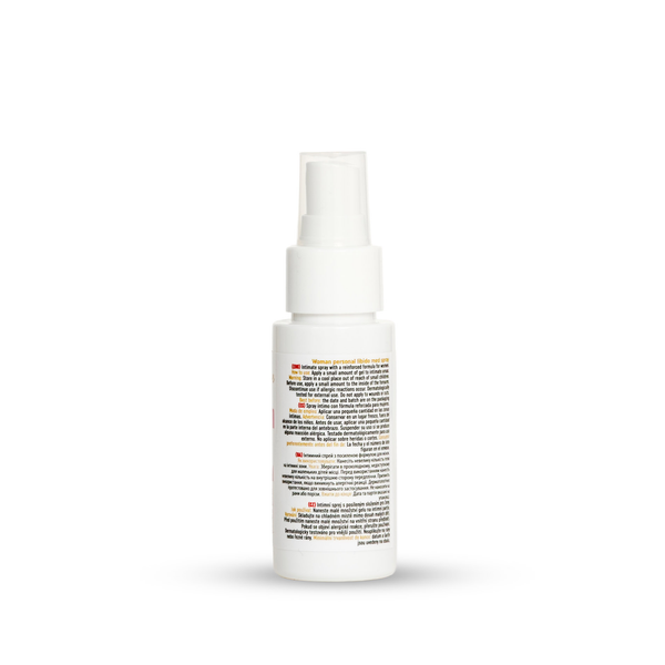 Rear-side view of the 50 ml MyLove Woman Personal Libido Med Spray bottle showing multilingual usage directions and safety warnings printed on the white label.