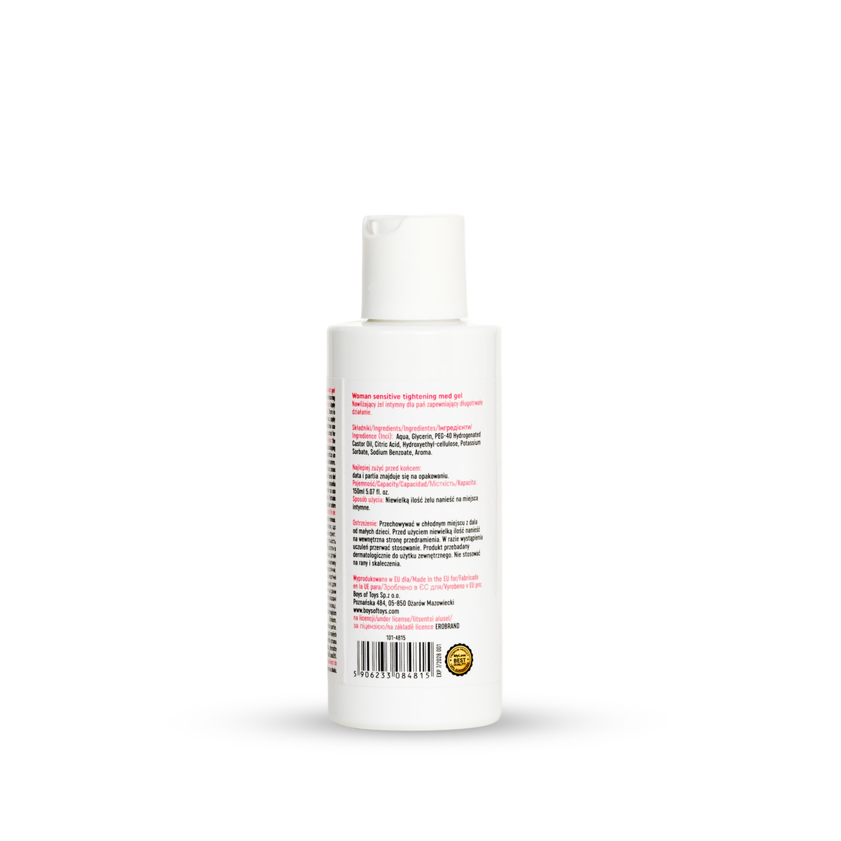 Rear view of the 150 ml MyLove Woman Sensitive Tightening Med Gel bottle. The white label displays detailed ingredients, usage instructions, manufacturer details, and a barcode with a quality seal at the bottom.