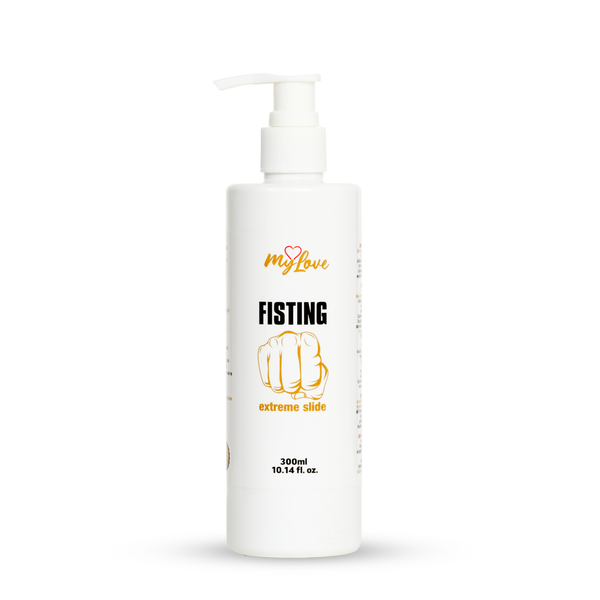 Front view of the 300 ml bottle of MyLove Fisting Extreme Slide gel equipped with a white pump top against a plain white backdrop.