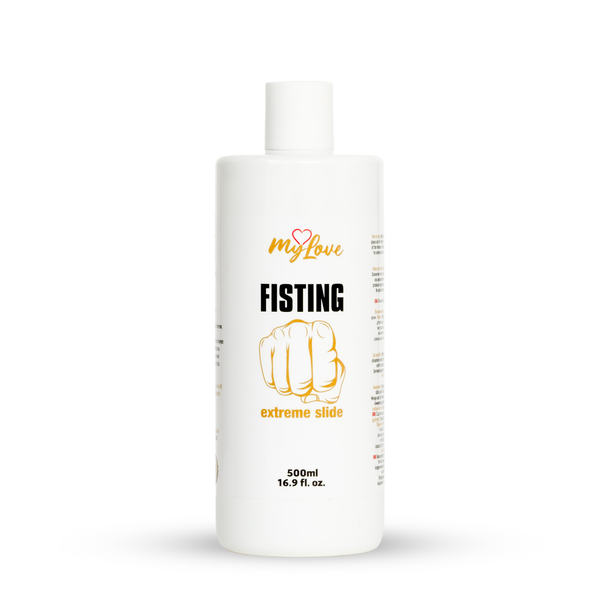 Front view of the 500 ml bottle of MyLove Fisting Extreme Slide gel standing centered against a plain white backdrop.