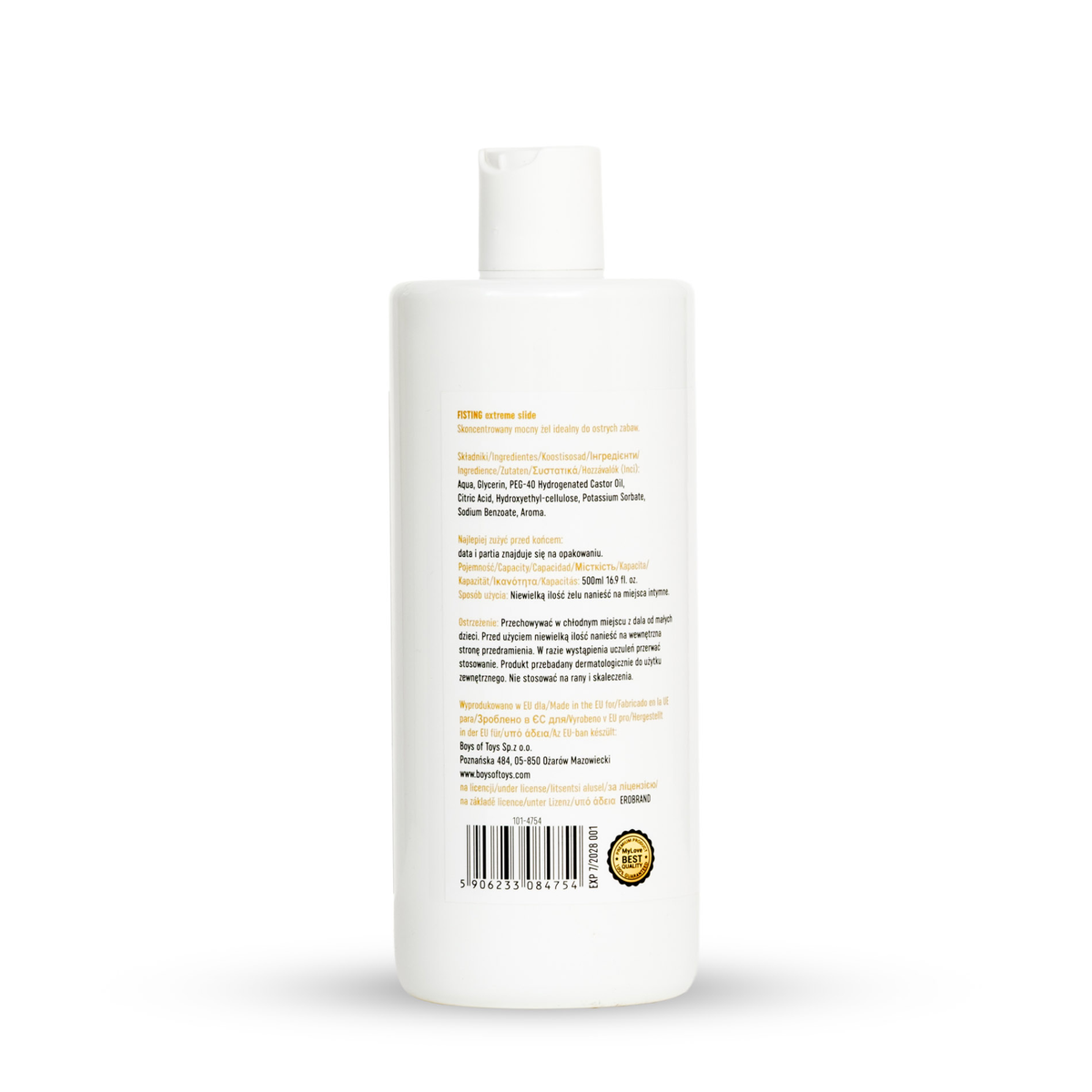 Rear view of the 500 ml MyLove Fisting Extreme Slide bottle displaying detailed product text and a barcode with a quality seal at the bottom.