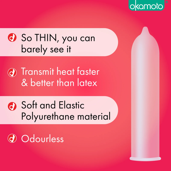 An image of Okamoto 001 L-Size condoms featuring a red background and an illustration of a translucent condom on the right. On the left, four bullet points highlight the product's features: "So THIN, you can barely see it," "Transmit heat faster & better than latex," "Soft and Elastic Polyurethane material," and "Odourless." 