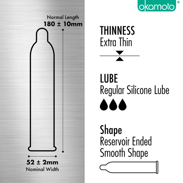 A technical diagram showing the condom's dimensions (180mm length, 52mm width) and features like silicone lube and a reservoir tip.