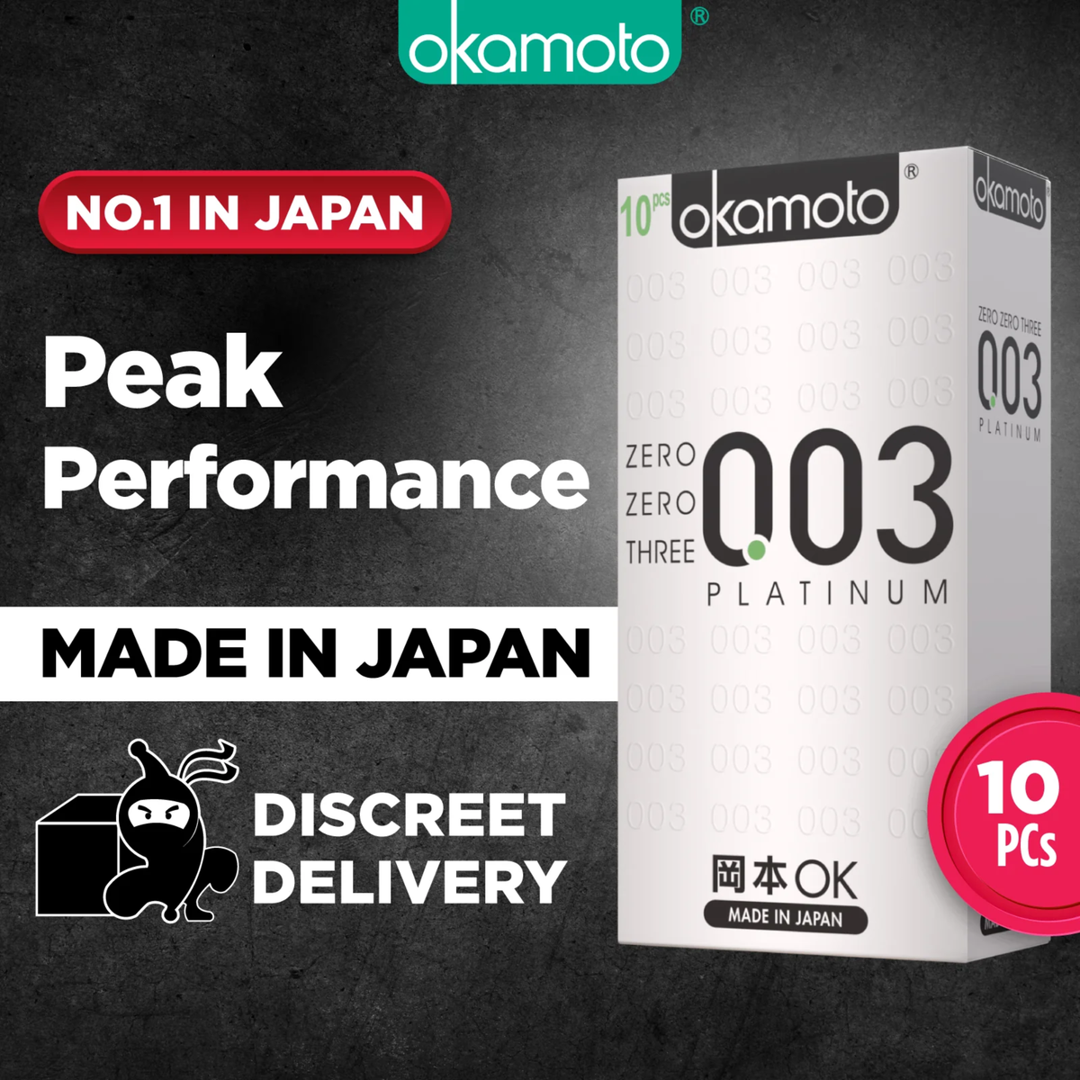 Promotional graphic for a 10-pack of Okamoto 003 Platinum condoms, highlighting "Made in Japan" and "Discreet Delivery."