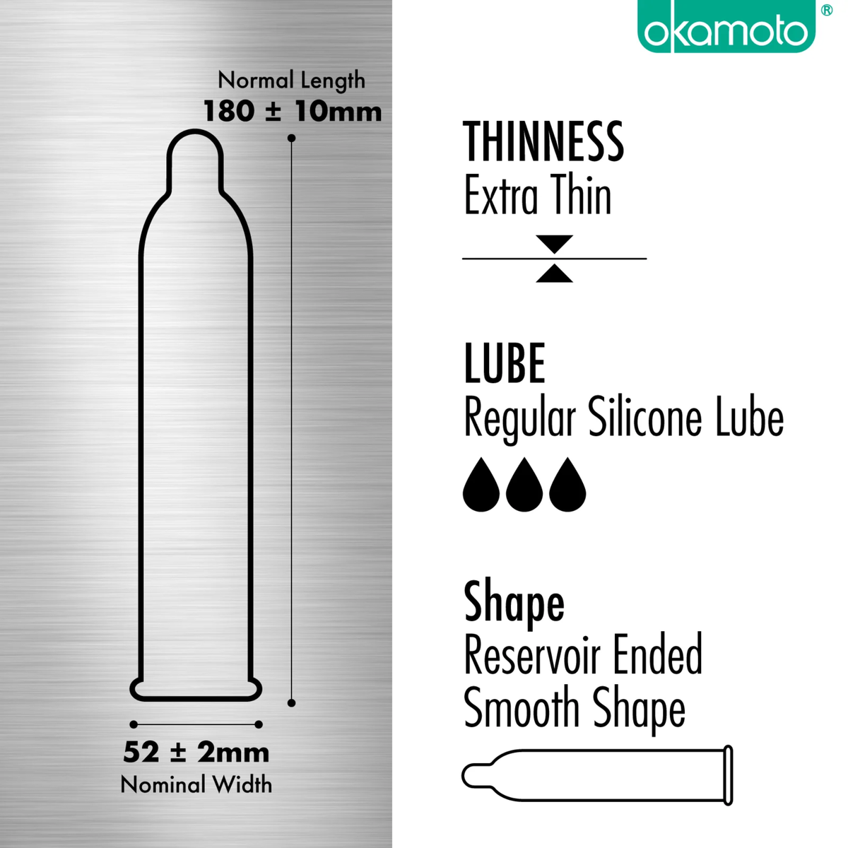 A technical diagram on a metallic background showing the dimensions and features of an Okamoto 003 Platinum condom. It indicates a normal length of 180mm (±10mm) and a nominal width of 52mm (±2mm). The text highlights Extra Thin thickness, Regular Silicone Lube (represented by three droplets), and a Reservoir Ended Smooth Shape.