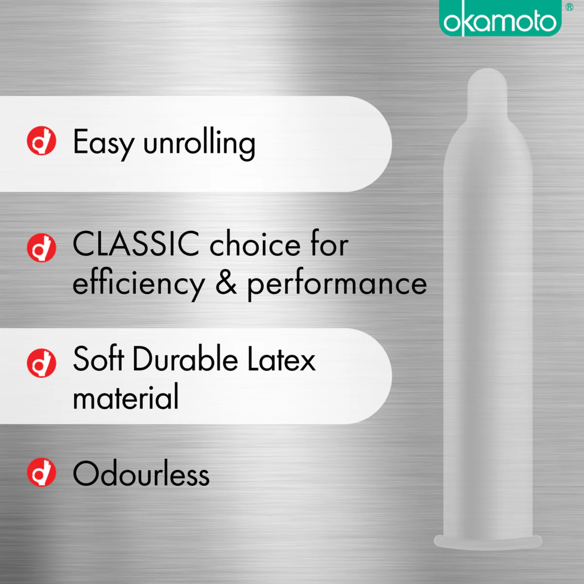 Promotional graphic for Okamoto 003 Platinum listing four key benefits with red "OK" icons: Easy unrolling, Classic choice for efficiency & performance, Soft Durable Latex material, and Odourless. A faint silhouette of the condom is shown on the right against a brushed metal background.