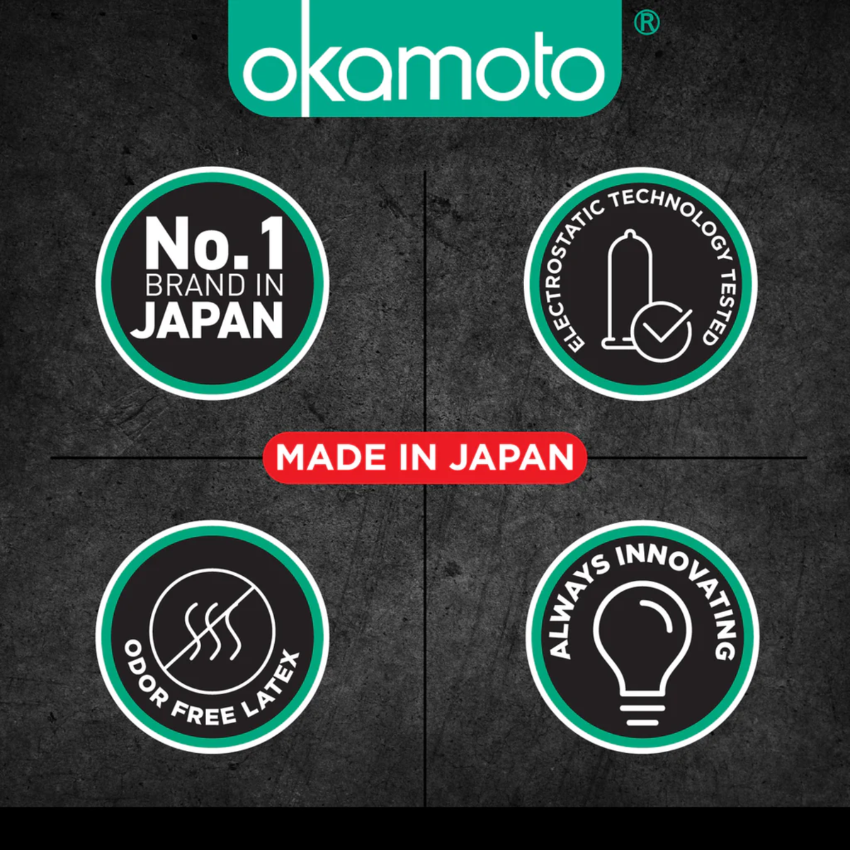 An infographic featuring four circular badges highlighting brand trust for Okamoto. The badges indicate it is the No. 1 Brand in Japan, Electrostatic Technology Tested, Odor Free Latex, and Always Innovating. A red banner in the center prominently states Made in Japan.