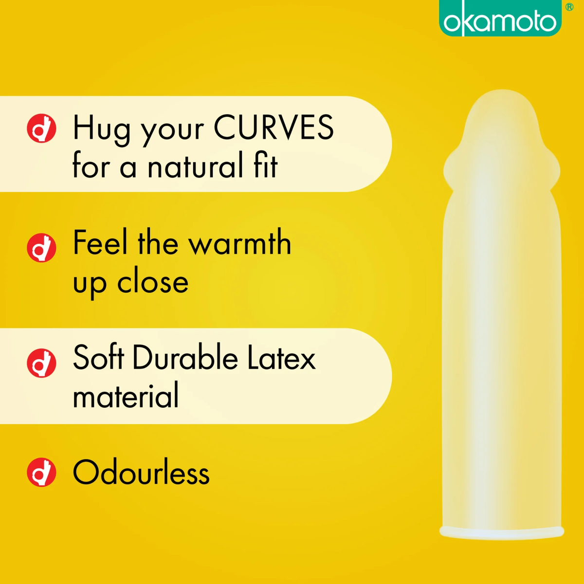 A yellow marketing graphic featuring the translucent condom. Bullet points highlight: "Hug your CURVES for a natural fit," "Feel the warmth up close," "Soft Durable Latex material," and "Odourless."