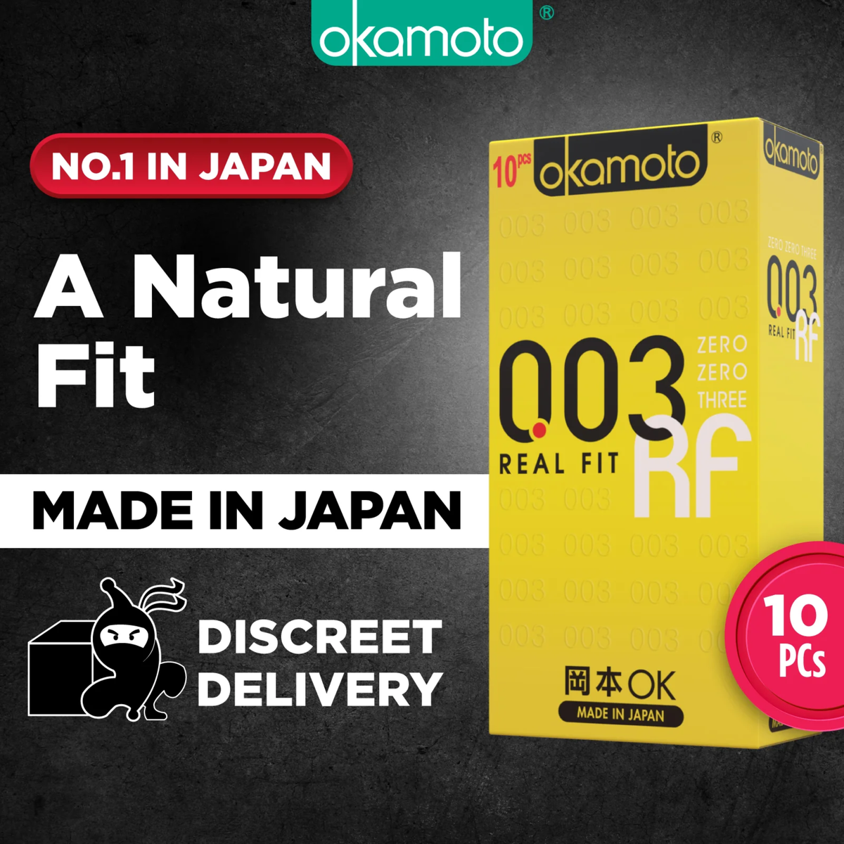 A promotional graphic featuring the yellow box. Text reads "NO.1 IN JAPAN," "A Natural Fit," and "MADE IN JAPAN." A "Discreet Delivery" icon with a ninja is in the bottom left, and a "10 PCs" badge is in the bottom right.