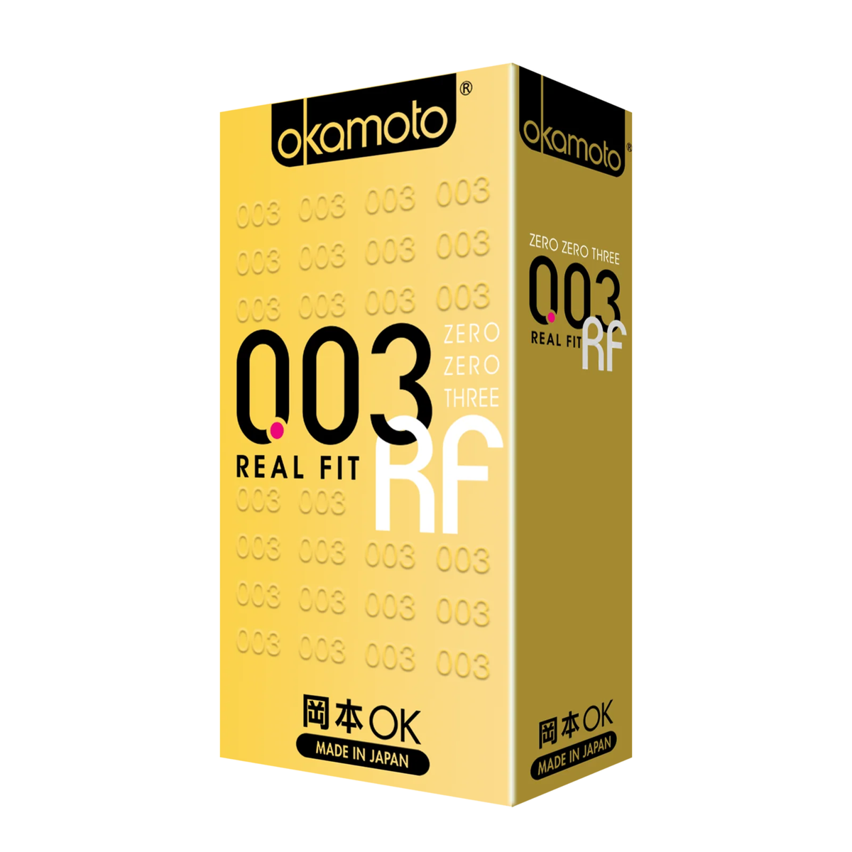 A front image of the Okamoto 003 Real Fit condom box of 10 pieces in a white background.  Hauptbild