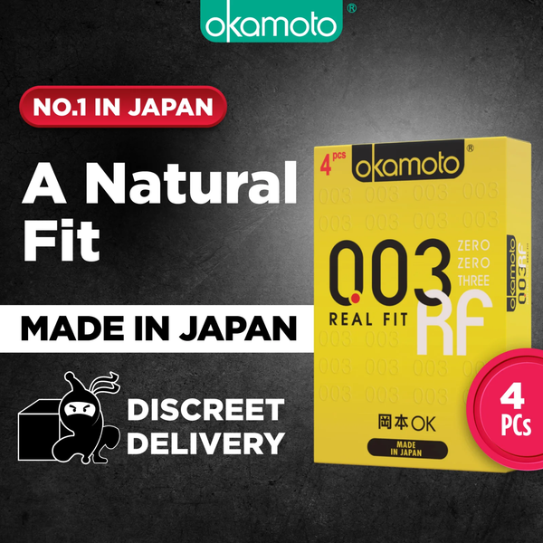 A promotional graphic featuring the yellow box. Text reads "NO.1 IN JAPAN," "A Natural Fit," and "MADE IN JAPAN." A "Discreet Delivery" icon with a ninja is in the bottom left, and a "4 PCs" badge is in the bottom right.