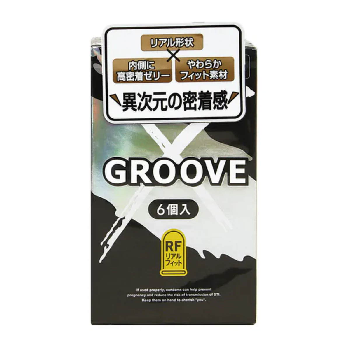 Front packaging shot of the Okamoto Groove X 6-pack box featuring a black, white, and silver metallic design with "GROOVE X", "6個入" (6 count), and "RF Real Fit" badge graphics. Hauptbild
