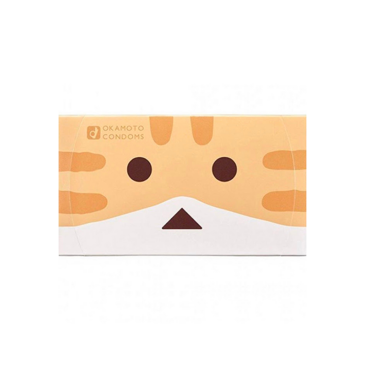 A light orange rectangular box of Okamoto condoms features a stylized cartoon cat face. It has darker orange stripes on the top, rounded black eyes, a brown triangular nose, and a white lower face and whiskers. The brand name "OKAMOTO CONDOMS" is printed in small orange letters on the upper left. The overall design is playful and eye-catching. Hauptbild