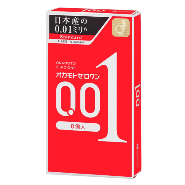 Front packaging shot of the red Okamoto Zero One 001 Standard 8-pack box highlighting its 0.01 mm ultra-thin classification and standard fit.