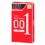 Front packaging shot of the red Okamoto Zero One 001 Standard 8-pack box highlighting its 0.01 mm ultra-thin classification and standard fit.