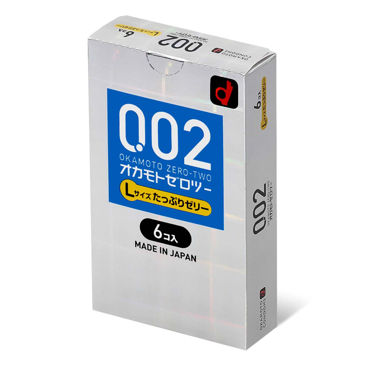 A white rectangular box of Okamoto Zero Two (002) condoms shown from a side angle. The box has a shimmering, holographic finish. A large blue square on the front features "002" in white, with "OKAMOTO ZERO-TWO" and Japanese text below it. A yellow oval highlights "L-Size" and "Extra Lubricated." The bottom of the box indicates a "6 Pack" and "MADE IN JAPAN. Hauptbild