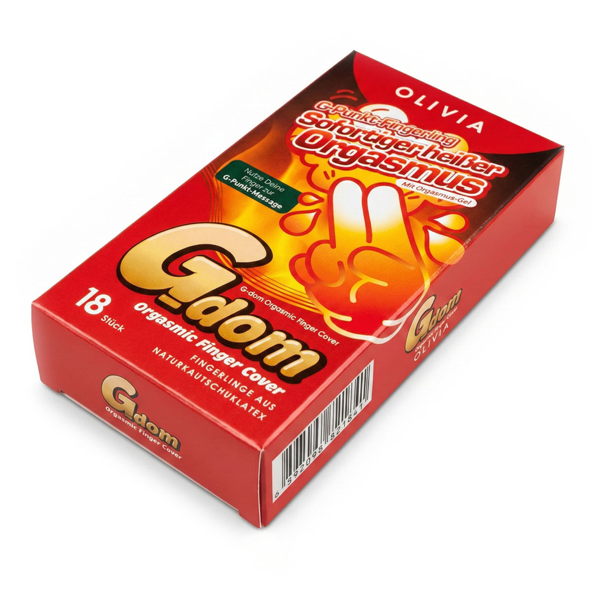 High-angle perspective shot of the plastic-wrapped red Olivia G-dom Orgasmic Finger Cover 18-pack box lying on a white surface.