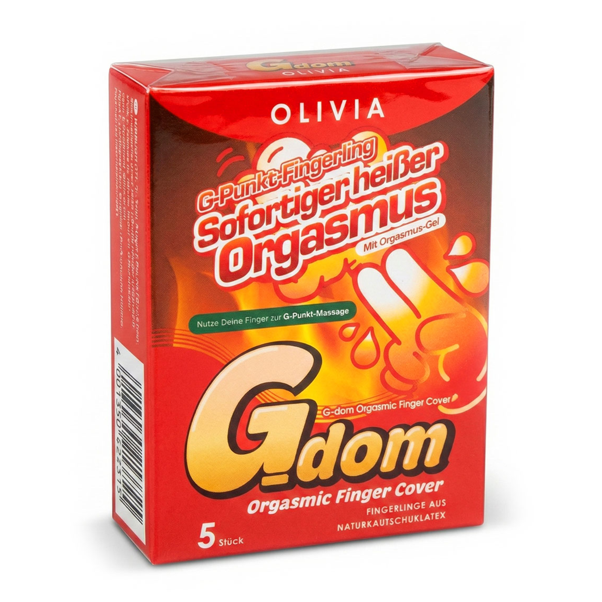 Studio product shot of the red Olivia G-dom Orgasmic Finger Cover 5-pack box standing upright at a three-quarter angle against a white background. Hauptbild